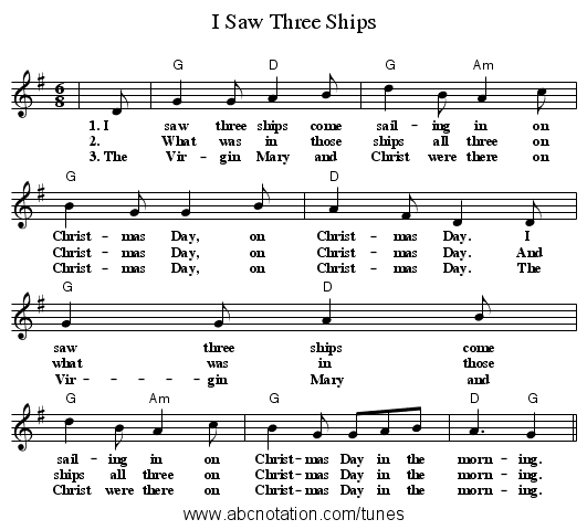I Saw Three Ships - staff notation