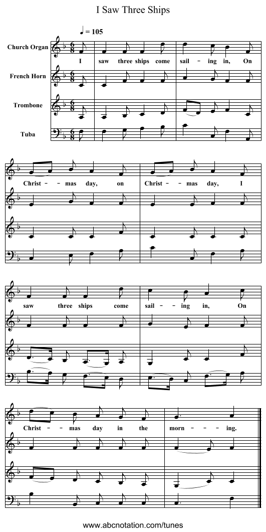 I Saw Three Ships - staff notation