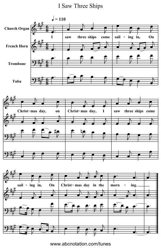 I Saw Three Ships - staff notation