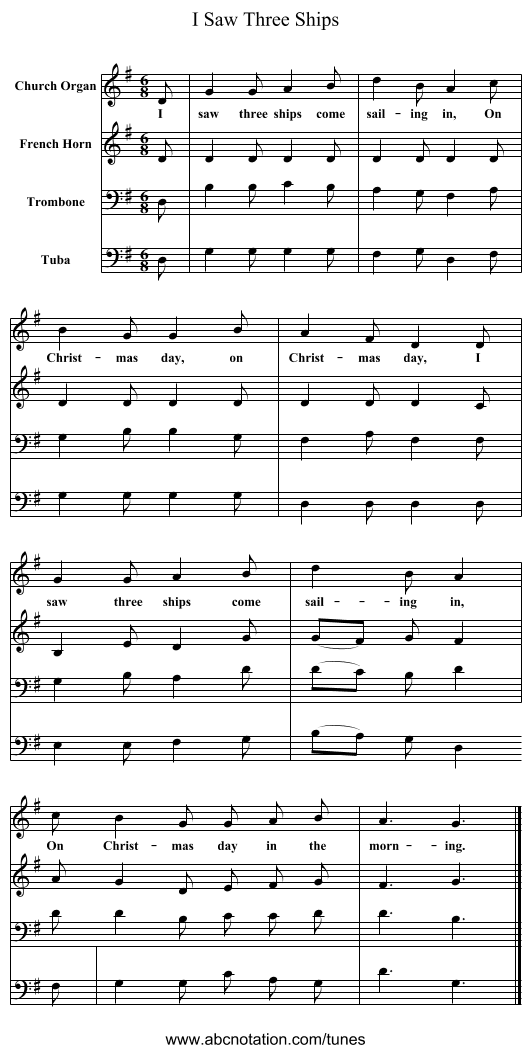 I Saw Three Ships - staff notation
