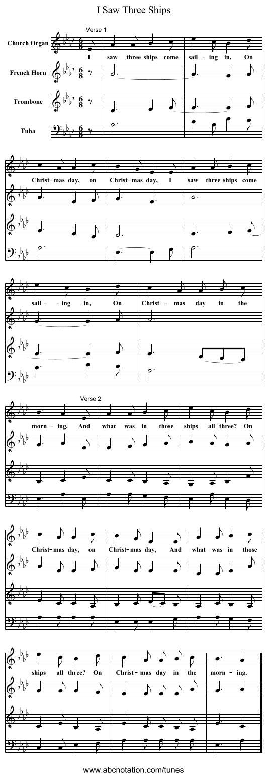 I Saw Three Ships - staff notation