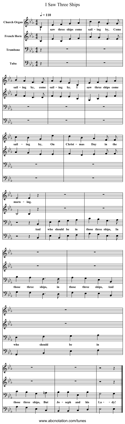 I Saw Three Ships - staff notation
