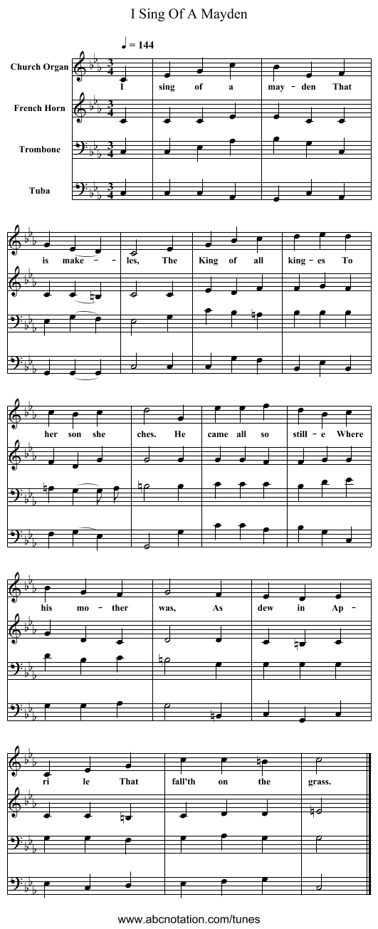 I Sing Of A Mayden - staff notation