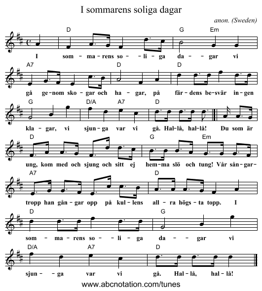 I sommarens soliga dagar - staff notation