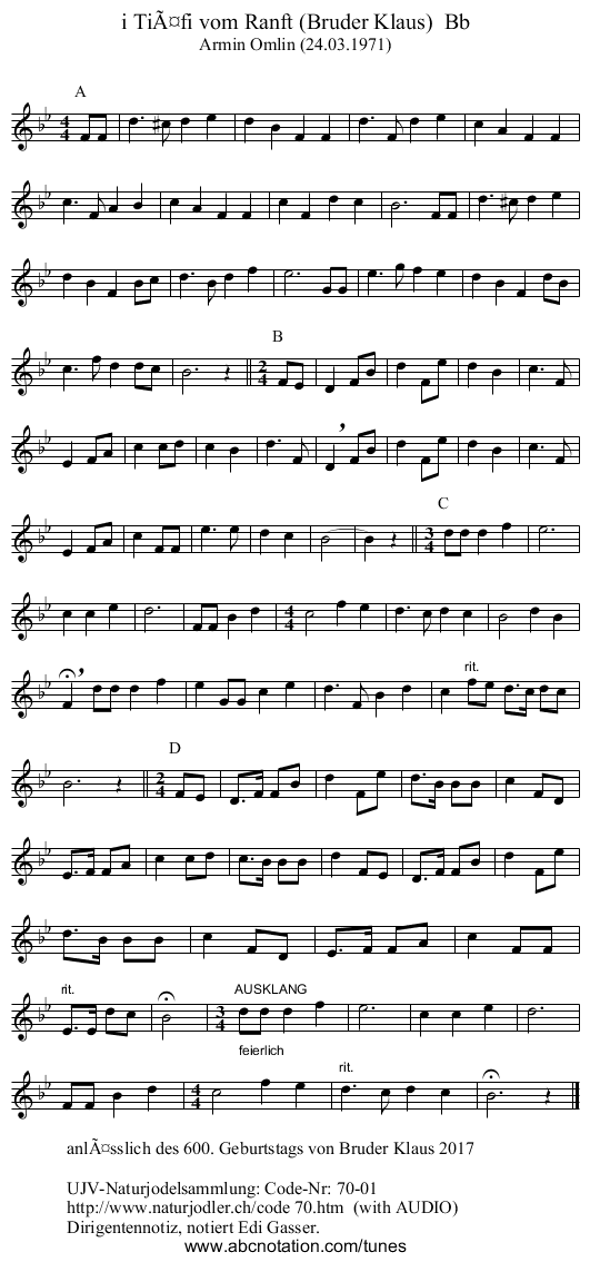 i TiÃ¤fi vom Ranft (Bruder Klaus)  Bb - staff notation