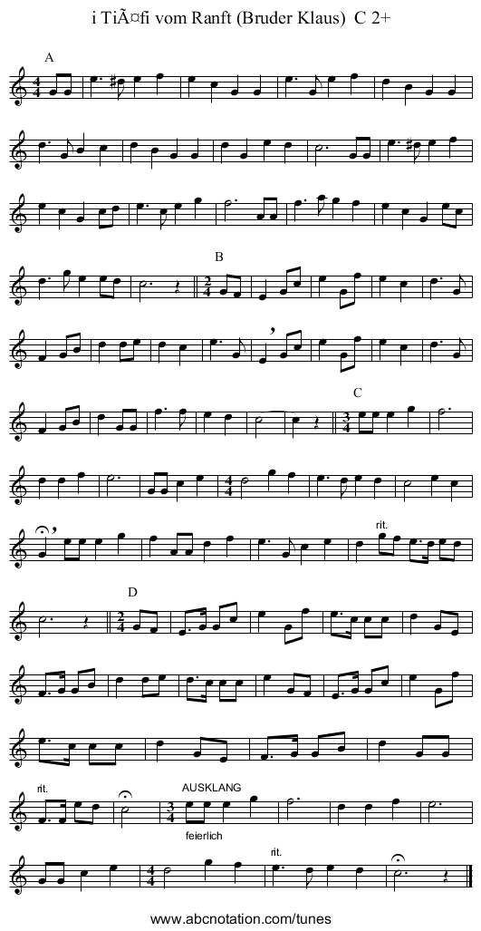 i TiÃ¤fi vom Ranft (Bruder Klaus)  C 2+ - staff notation