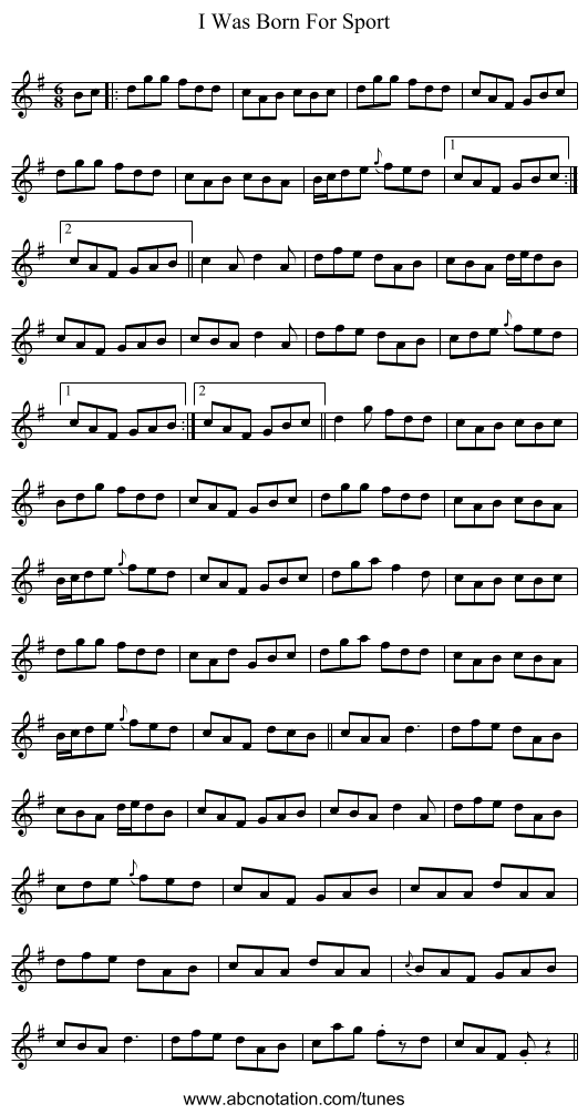 I Was Born For Sport - staff notation