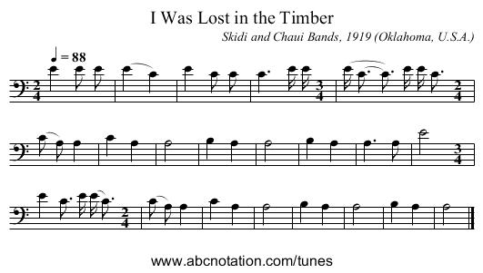I Was Lost in the Timber - staff notation