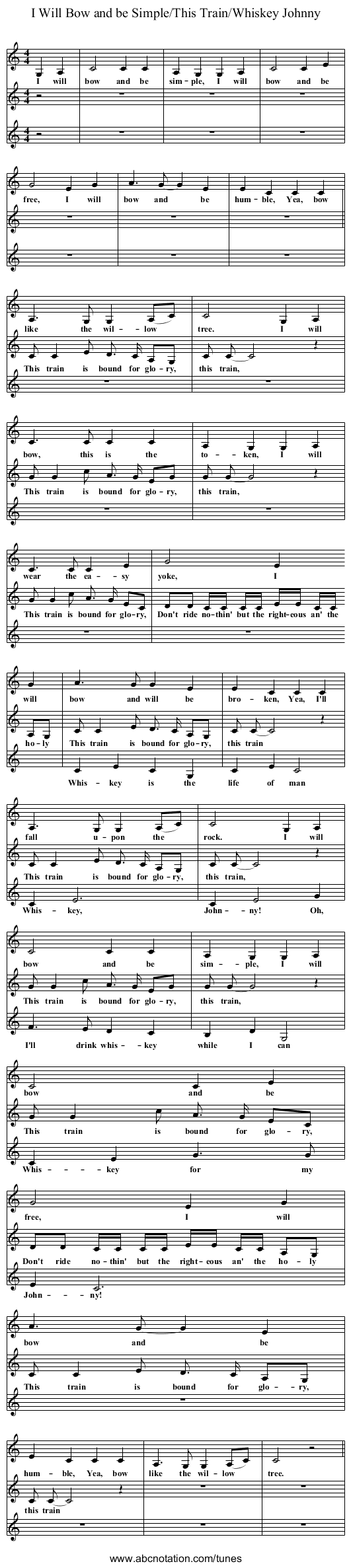 I Will Bow and be Simple/This Train/Whiskey Johnny - staff notation
