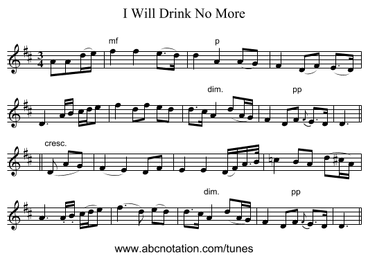 I Will Drink No More - staff notation