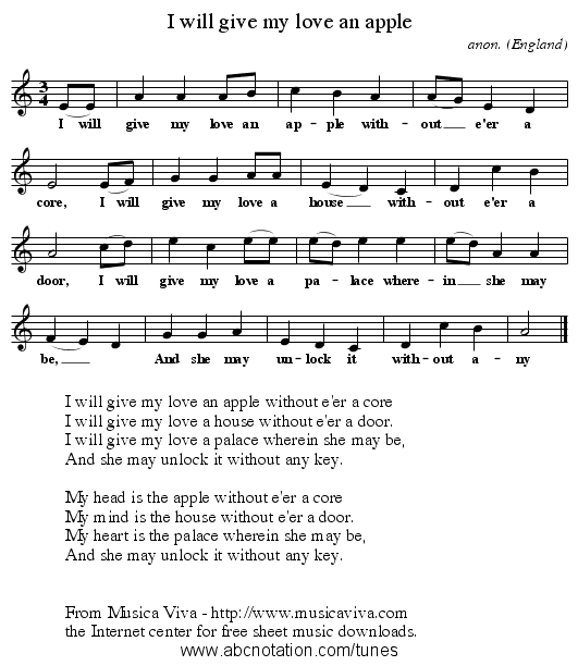 I will give my love an apple - staff notation