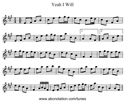 I Will, Yeah - staff notation