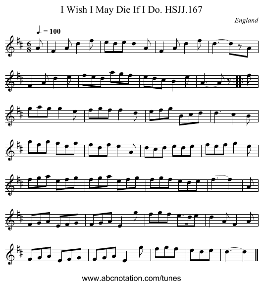 I Wish I May Die If I Do. HSJJ.167 - staff notation