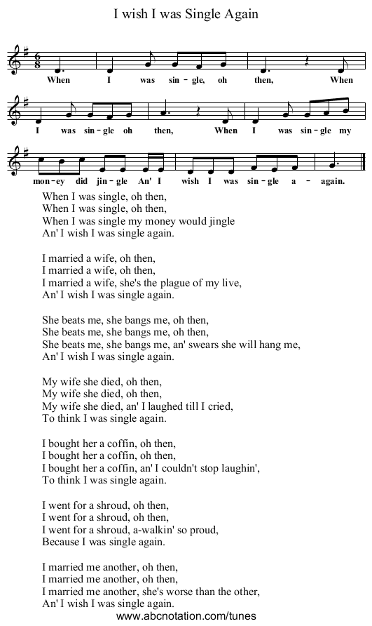 I wish I was Single Again - staff notation