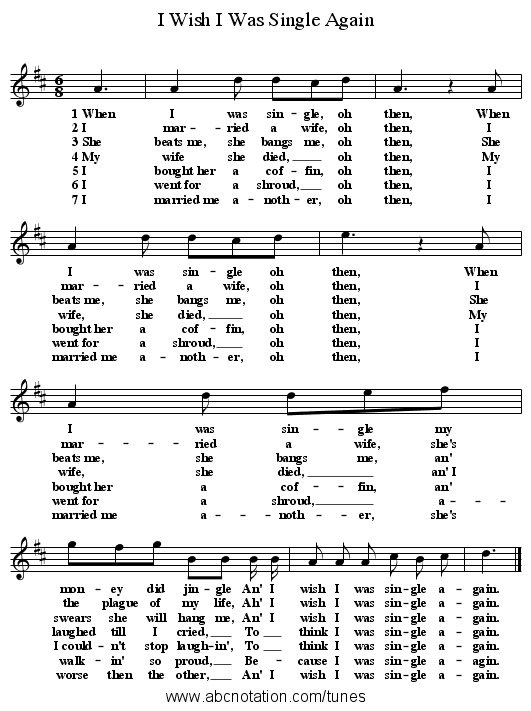 I Wish I Was Single Again - staff notation