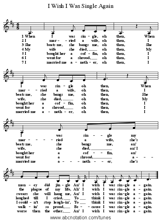 I Wish I Was Single Again - staff notation
