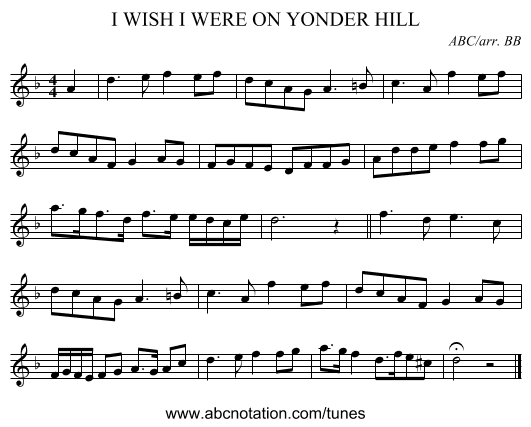 I WISH I WERE ON YONDER HILL - staff notation