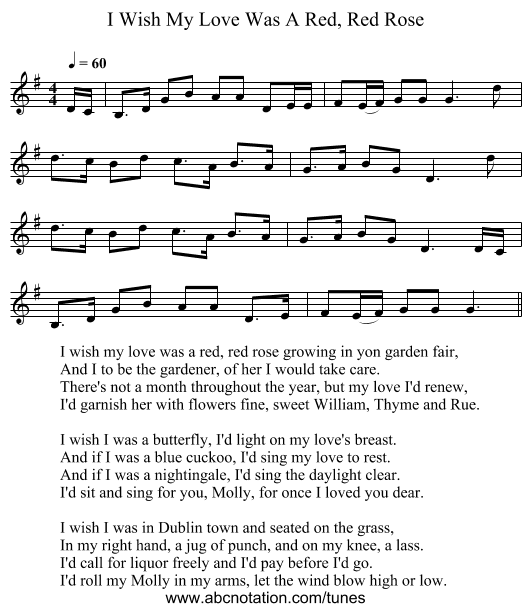 I Wish My Love Was A Red, Red Rose - staff notation