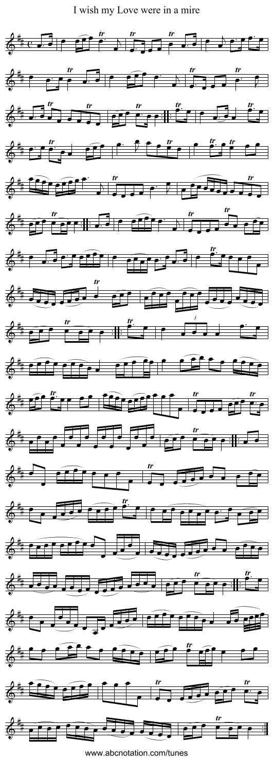 I wish my Love were in a mire - staff notation