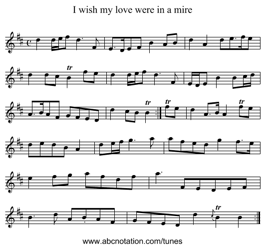 I wish my love were in a mire - staff notation