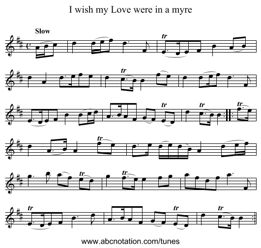 I wish my Love were in a myre - staff notation