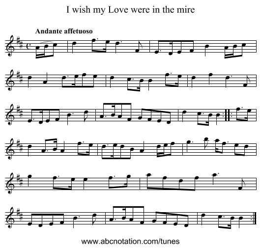 I wish my Love were in the mire - staff notation