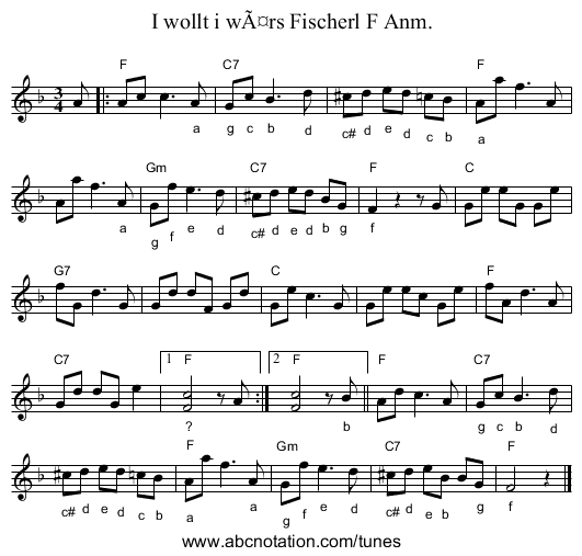 I wollt i wÃ¤rs Fischerl F Anm. - staff notation