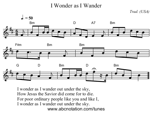 I Wonder as I Wander - staff notation