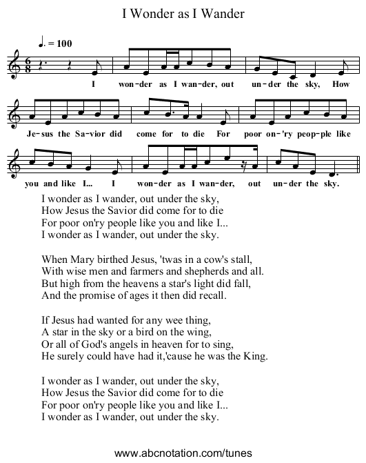 I Wonder as I Wander - staff notation