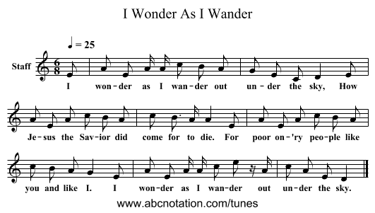 I Wonder As I Wander - staff notation