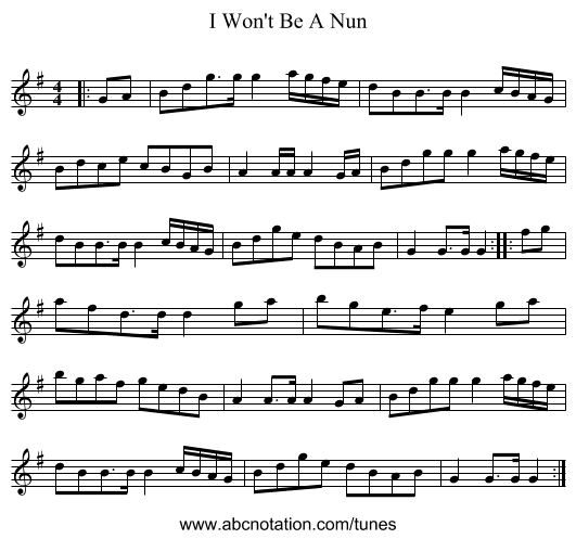 I Won't Be A Nun - staff notation