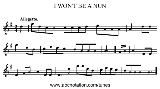 I WON'T BE A NUN - staff notation
