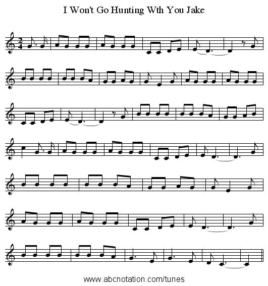 I Won't Go Hunting Wth You Jake - staff notation