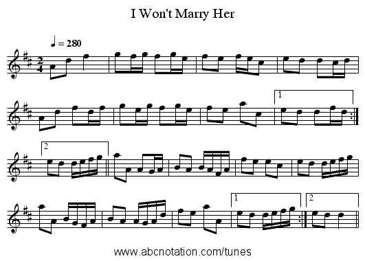 I Won't Marry Her - staff notation