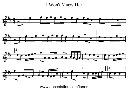 I Won't Marry Her - staff notation