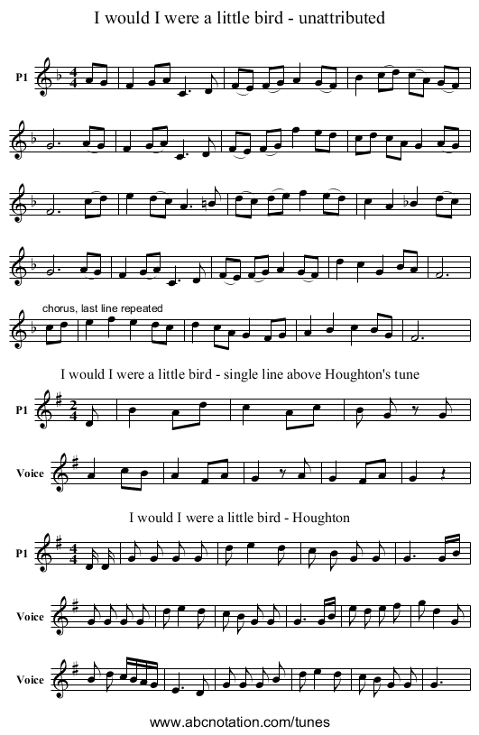I would I were a little bird - unattributed - staff notation