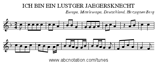ICH BIN EIN LUSTGER JAEGERSKNECHT - staff notation