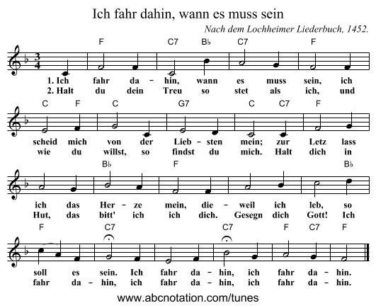 Ich fahr dahin, wann es muss sein - staff notation