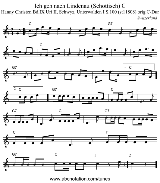 Ich geh nach Lindenau (Schottisch) C - staff notation