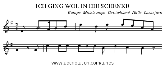 ICH GING WOL IN DIE SCHENKE - staff notation