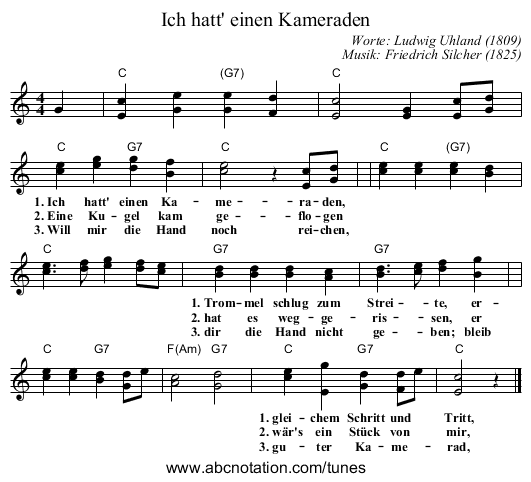 Ich hatt' einen Kameraden - staff notation
