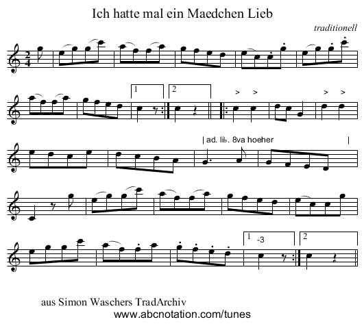Ich hatte mal ein Maedchen Lieb - staff notation