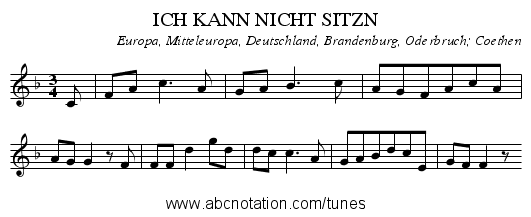 ICH KANN NICHT SITZN - staff notation