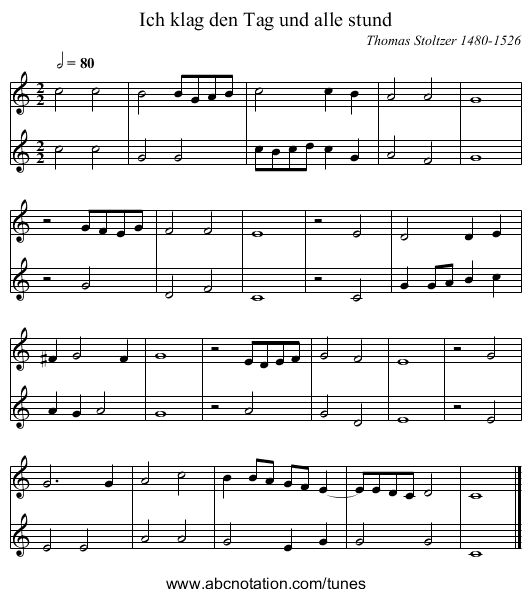 Ich klag den Tag und alle stund - staff notation