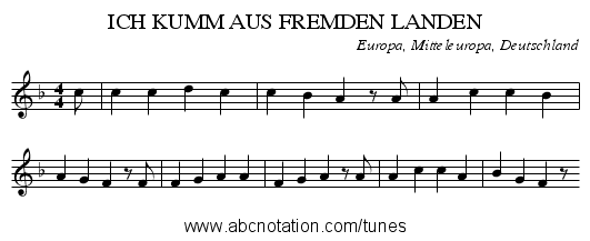 ICH KUMM AUS FREMDEN LANDEN - staff notation