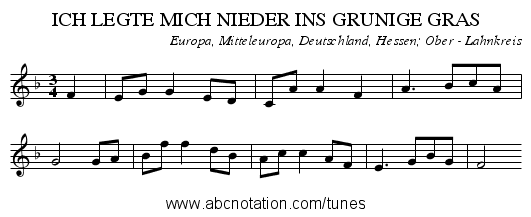 ICH LEGTE MICH NIEDER INS GRUNIGE GRAS - staff notation