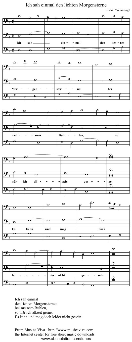 Ich sah einmal den lichten Morgensterne - staff notation