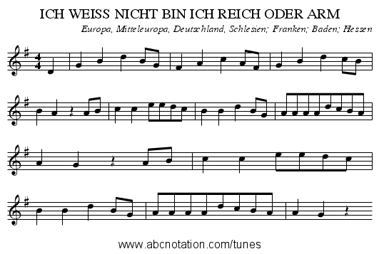 ICH WEISS NICHT BIN ICH REICH ODER ARM - staff notation