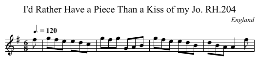 I'd Rather Have a Piece Than a Kiss of my Jo. RH.204 - staff notation