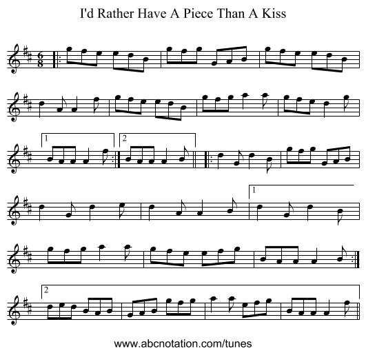 I'd Rather Have A Piece Than A Kiss - staff notation